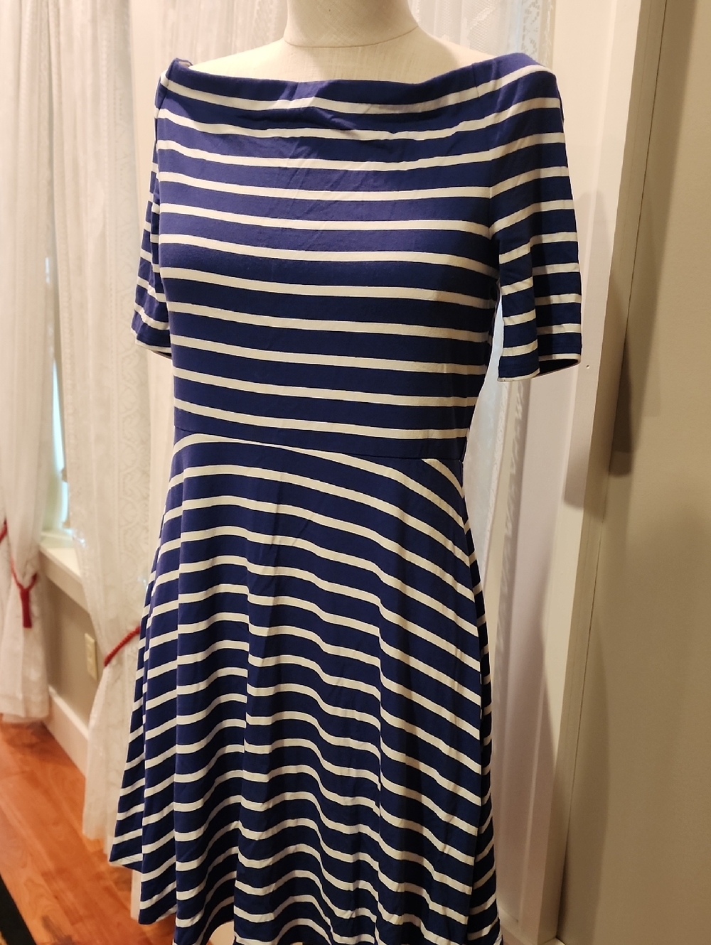 White House Black Market Navy & White Striped Boatneck  Fit-and-Flare Midi Dress